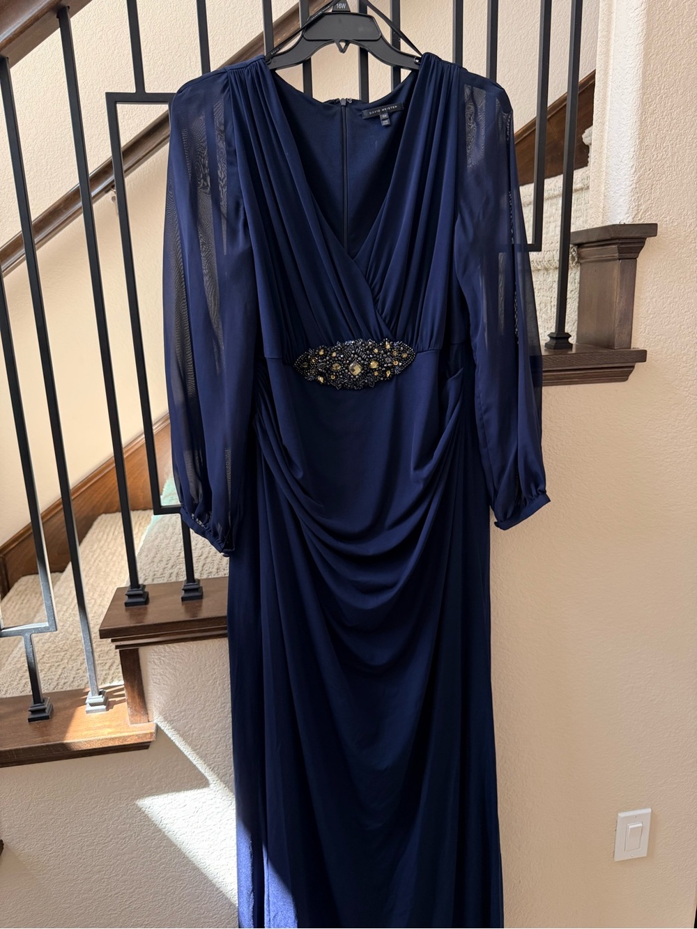David Meister Navy Long-Sleeve Evening Gown with Beaded Waist